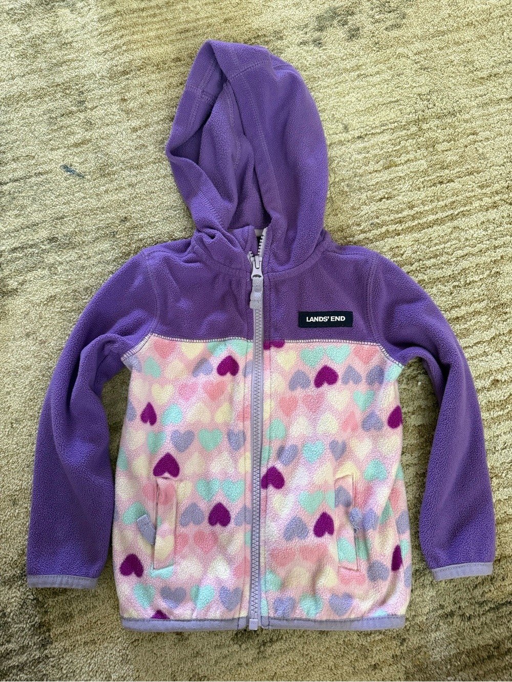 Lands' End Purple Hooded Fleece Jacket with Pastel Heart Print